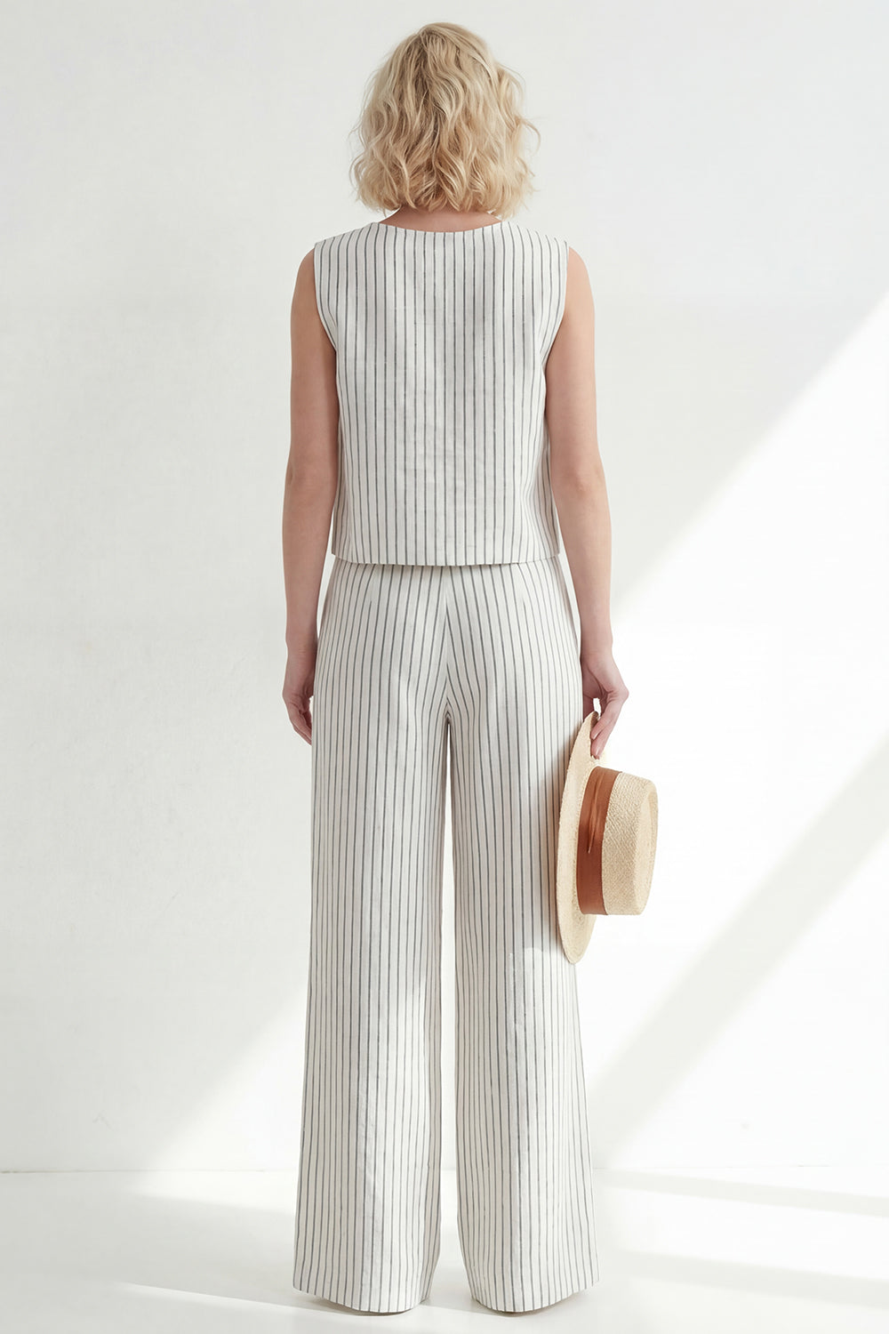 2 Piece White Round Neck Striped Wide Leg Business Suits