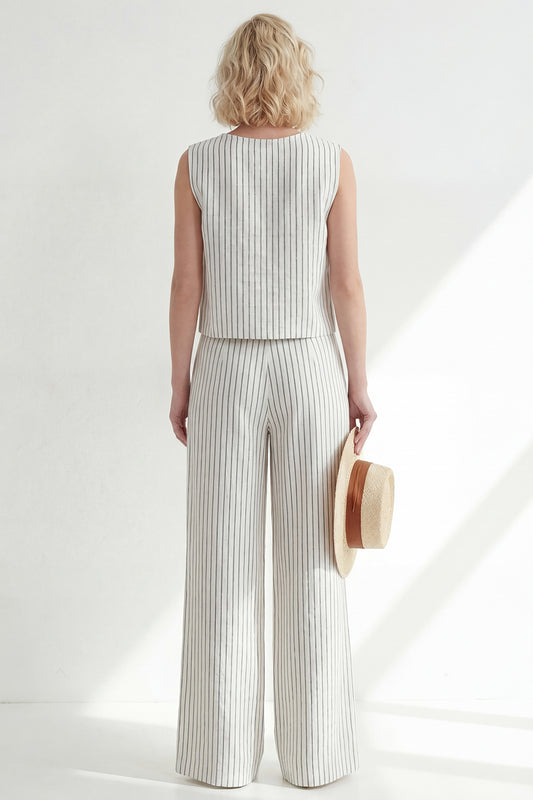 2 Piece White Round Neck Striped Wide Leg Business Suits
