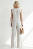 2 Piece White Round Neck Striped Wide Leg Business Suits
