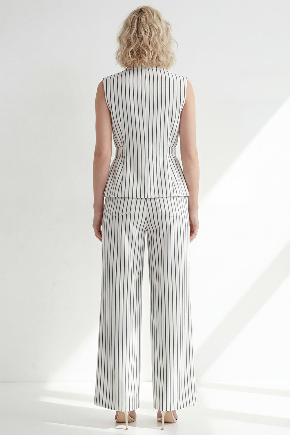 2 Piece Notched Lapel White Striped Single Breasted Wide Leg Business Suits