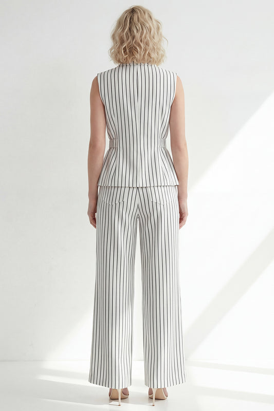 2 Piece Notched Lapel White Striped Single Breasted Wide Leg Business Suits