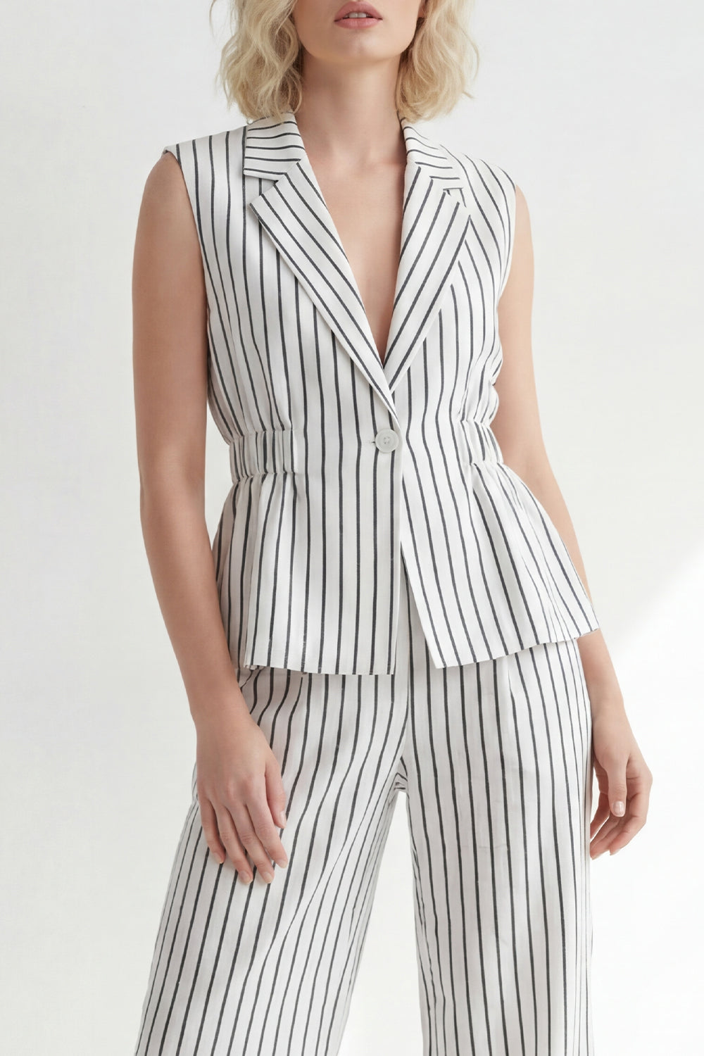 2 Piece Notched Lapel White Striped Single Breasted Wide Leg Business Suits