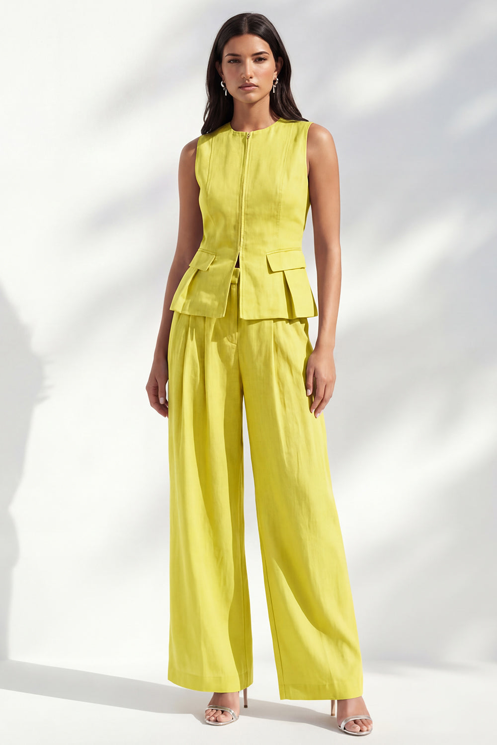 2 Piece Lemon Yellow Round Neck Wide Leg Business Suits