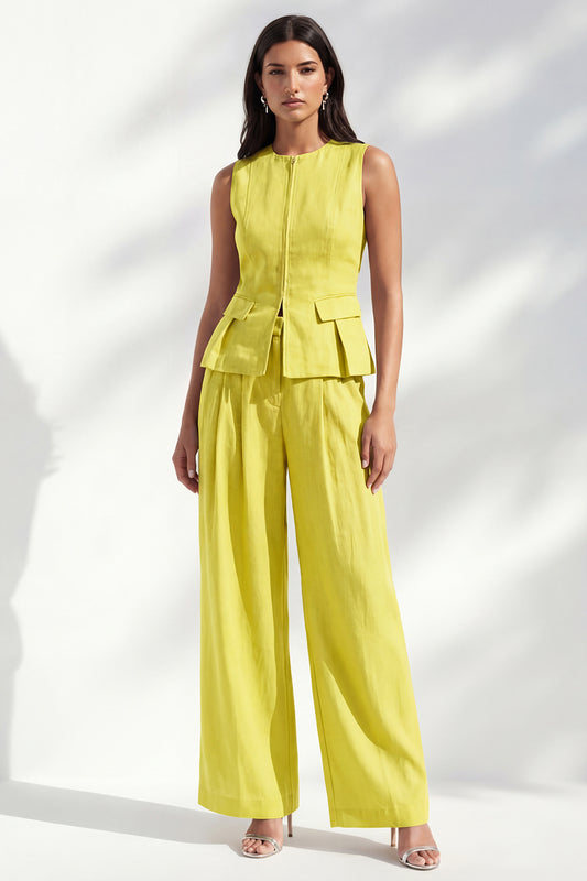 2 Piece Lemon Yellow Round Neck Wide Leg Business Suits