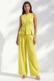 2 Piece Lemon Yellow Round Neck Wide Leg Business Suits