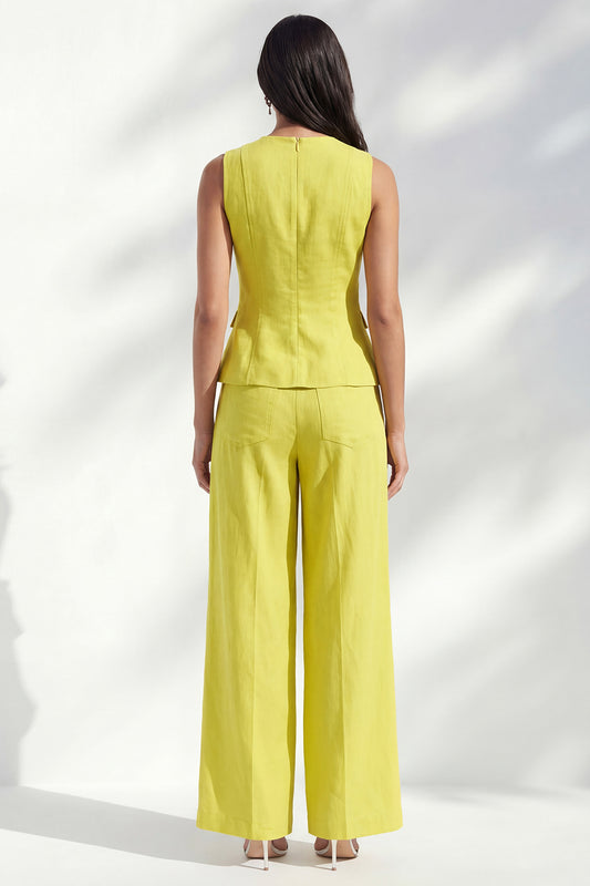 2 Piece Lemon Yellow Round Neck Wide Leg Business Suits