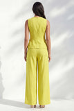 2 Piece Lemon Yellow Round Neck Wide Leg Business Suits