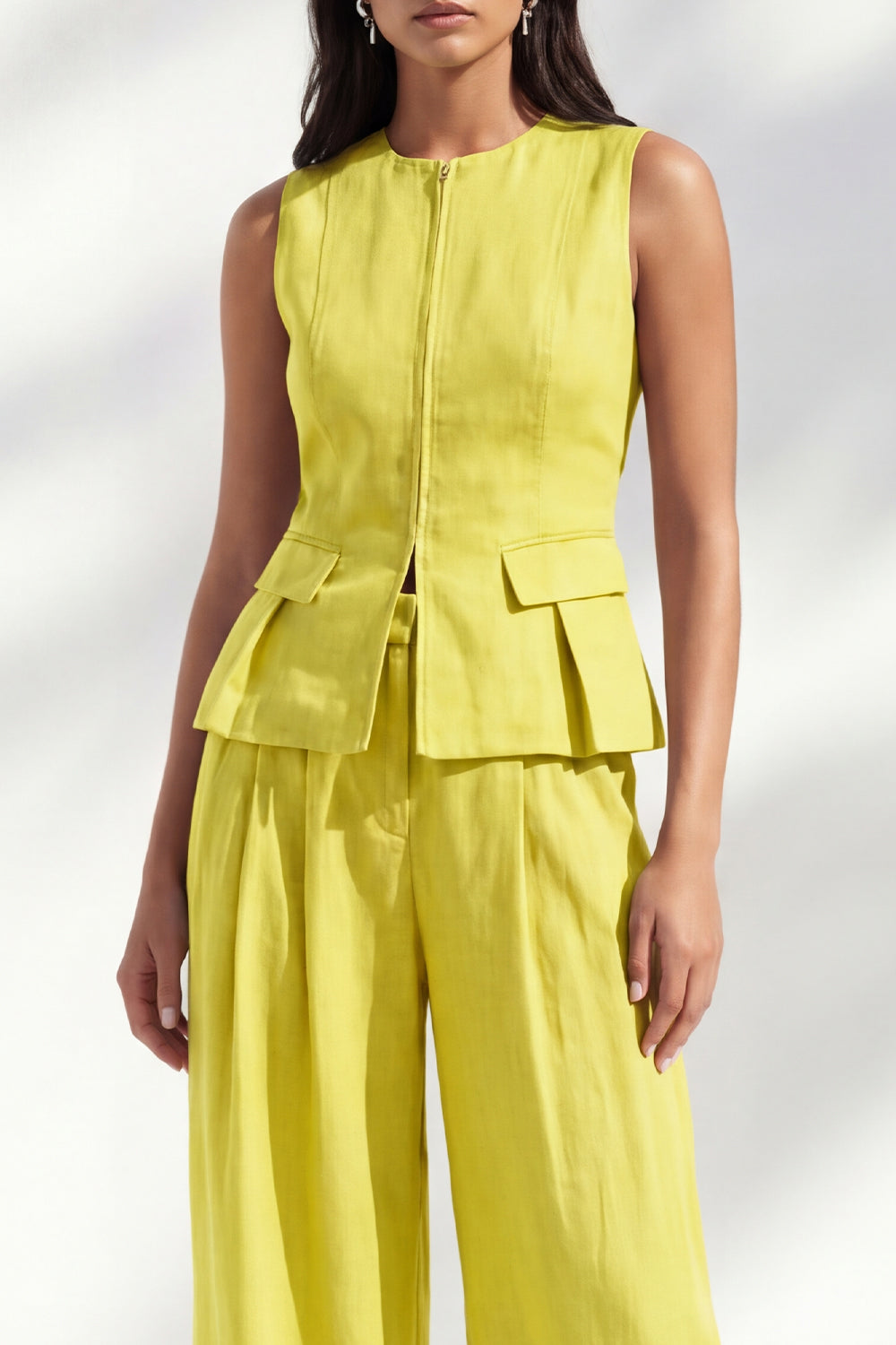 2 Piece Lemon Yellow Round Neck Wide Leg Business Suits