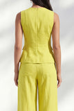 2 Piece Lemon Yellow Round Neck Wide Leg Business Suits