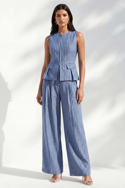 Dark Blue 2 Piece Round Neck Striped Wide Leg Business Suits