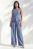 Dark Blue 2 Piece Round Neck Striped Wide Leg Business Suits