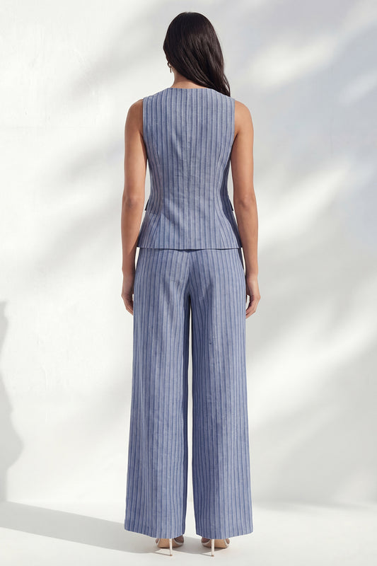 Dark Blue 2 Piece Round Neck Striped Wide Leg Business Suits