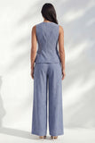 Dark Blue 2 Piece Round Neck Striped Wide Leg Business Suits
