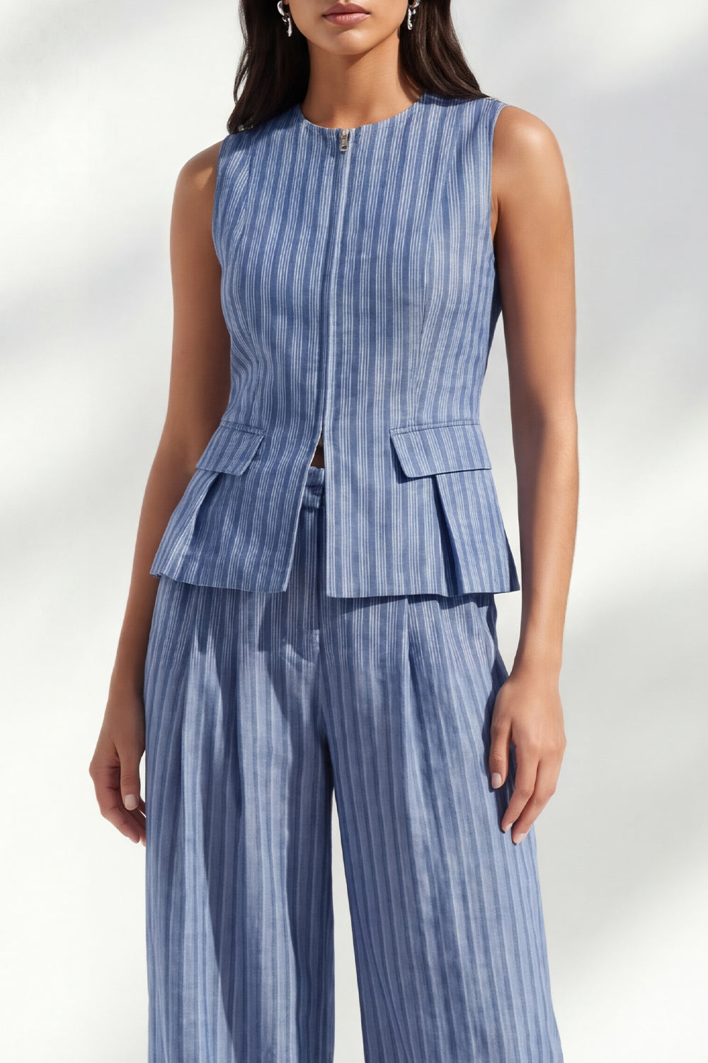 Dark Blue 2 Piece Round Neck Striped Wide Leg Business Suits
