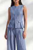 Dark Blue 2 Piece Round Neck Striped Wide Leg Business Suits