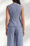 Dark Blue 2 Piece Round Neck Striped Wide Leg Business Suits