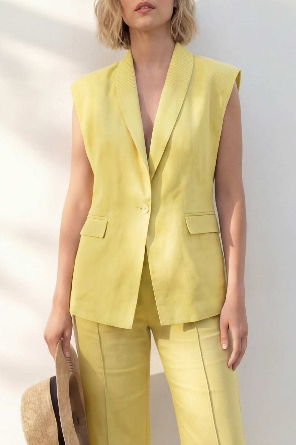 Yellow 2 Piece Shawl Lapel Single Breasted Wide Leg Business Suits