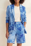 Printed Notched Lapel Blue Single Breasted 2 Piece Business Suits with Pockets