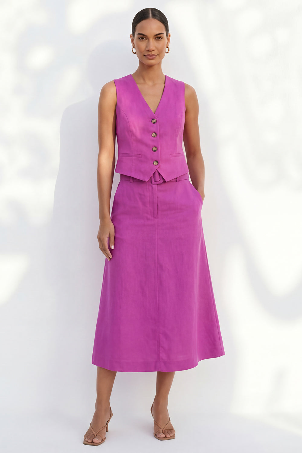Shawl Lapel Single Breasted Fuchsia 2 Piece Business Suits with Belt