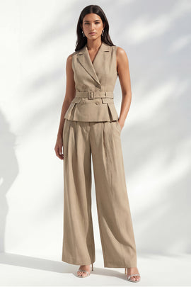 2 Piece Notched Lapel Khaki Double Breasted Business Suits with Pockets