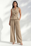2 Piece Notched Lapel Khaki Double Breasted Business Suits with Pockets