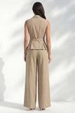 2 Piece Notched Lapel Khaki Double Breasted Business Suits with Pockets