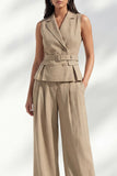 2 Piece Notched Lapel Khaki Double Breasted Business Suits with Pockets