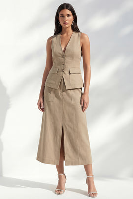 Shawl Lapel Single Breasted Khaki 2 Piece Business Suits with Slit