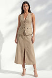 Shawl Lapel Single Breasted Khaki 2 Piece Business Suits with Slit