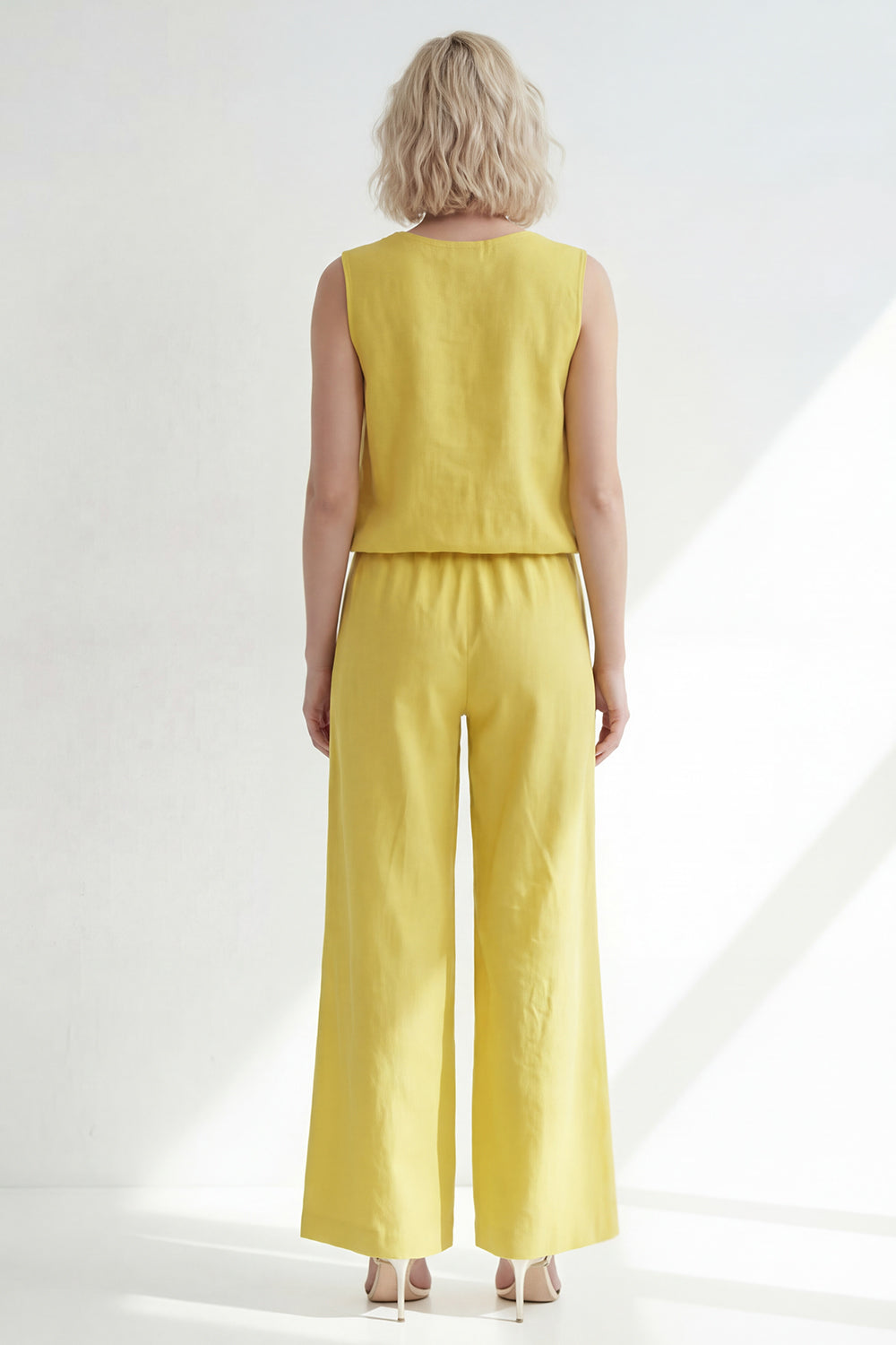 V-Neck Butter Yellow 2 Piece Wide Leg Business Suits