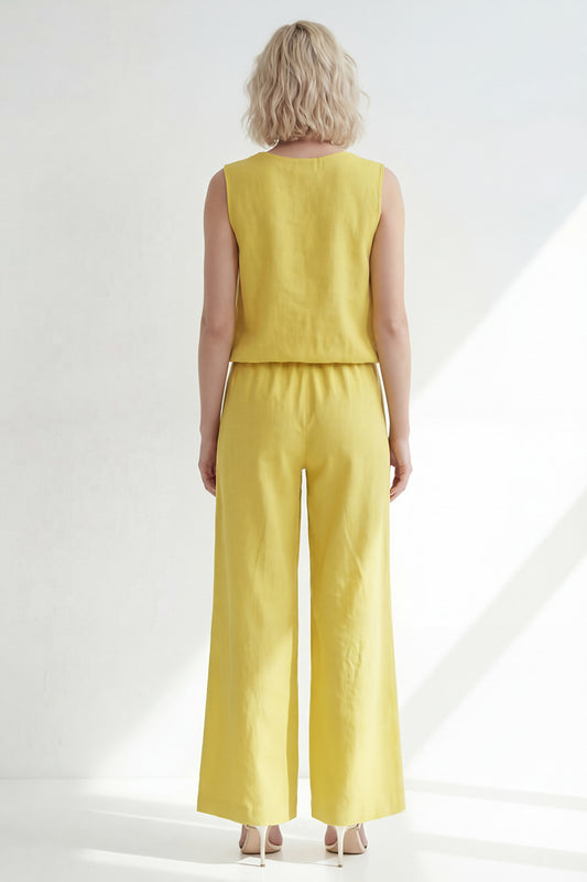 V-Neck Butter Yellow 2 Piece Wide Leg Business Suits