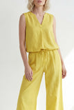 V-Neck Butter Yellow 2 Piece Wide Leg Business Suits