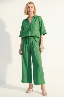 Green Half Sleeves Lapel Neck 2 Piece Wide Leg Business Suits