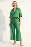 Green Half Sleeves Lapel Neck 2 Piece Wide Leg Business Suits