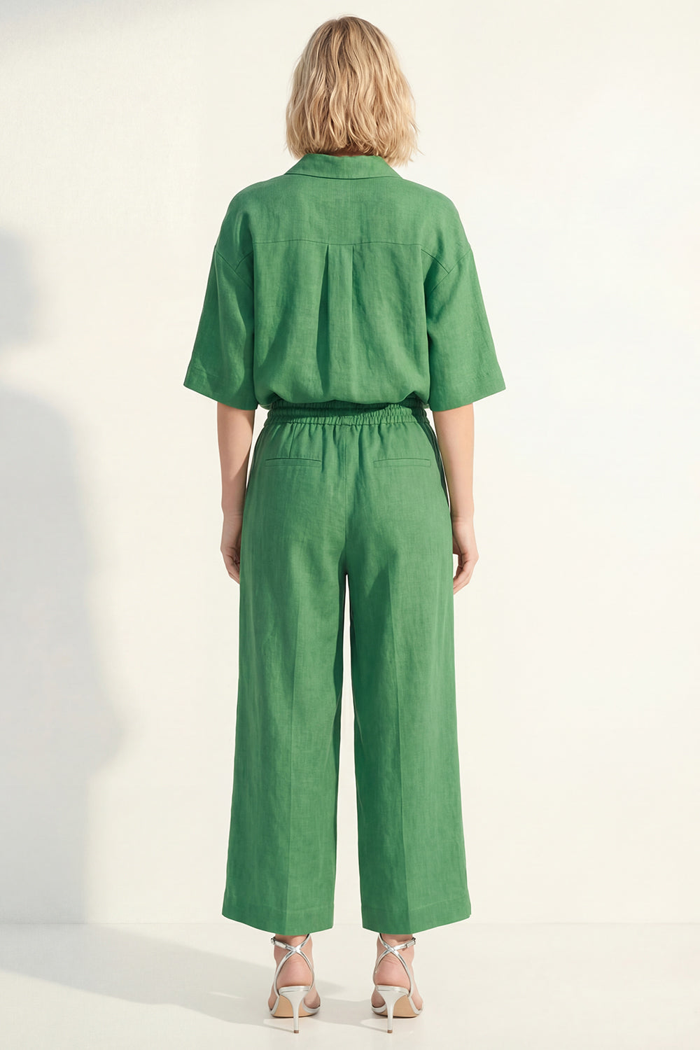 Green Half Sleeves Lapel Neck 2 Piece Wide Leg Business Suits