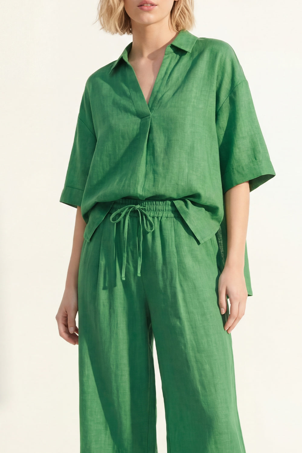 Green Half Sleeves Lapel Neck 2 Piece Wide Leg Business Suits