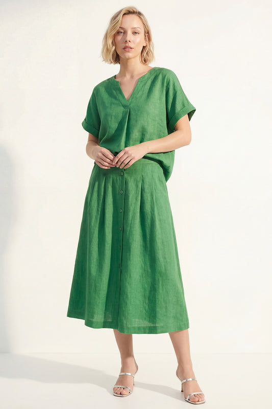Short Sleeves Green V-Neck 2 Piece Business Suits