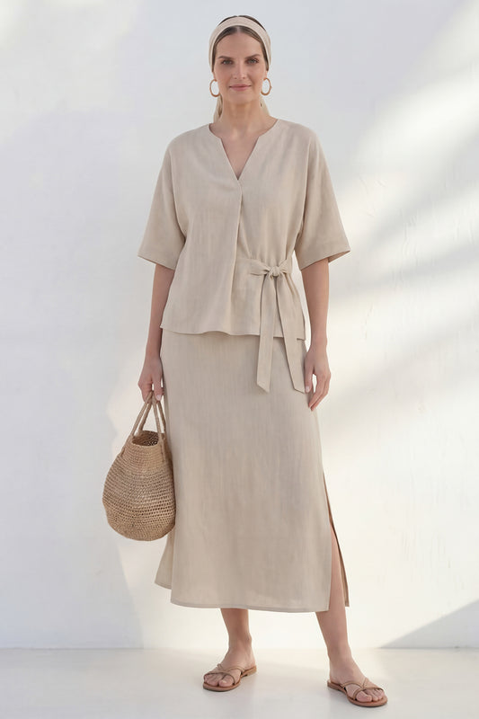 Khaki Half Sleeves 2 Piece V-Neck Business Suits with Slit