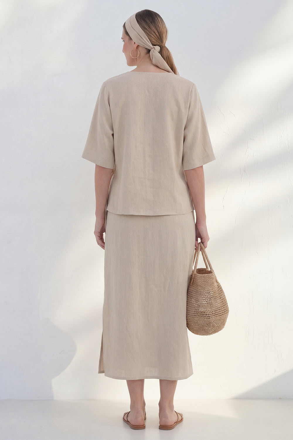 Khaki Half Sleeves 2 Piece V-Neck Business Suits with Slit
