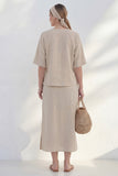 Khaki Half Sleeves 2 Piece V-Neck Business Suits with Slit