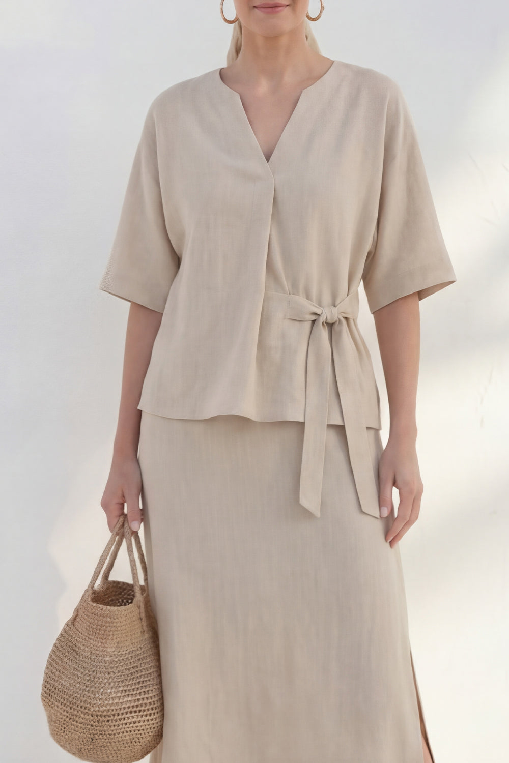 Khaki Half Sleeves 2 Piece V-Neck Business Suits with Slit