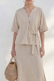 Khaki Half Sleeves 2 Piece V-Neck Business Suits with Slit