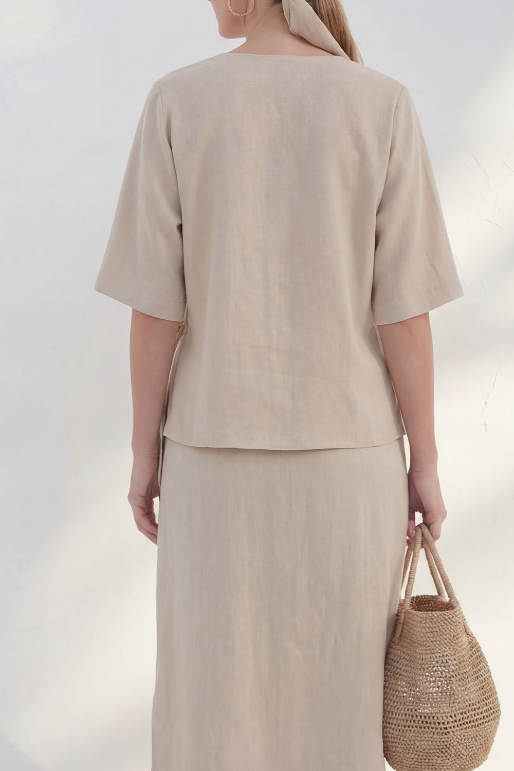 Khaki Half Sleeves 2 Piece V-Neck Business Suits with Slit