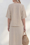 Khaki Half Sleeves 2 Piece V-Neck Business Suits with Slit