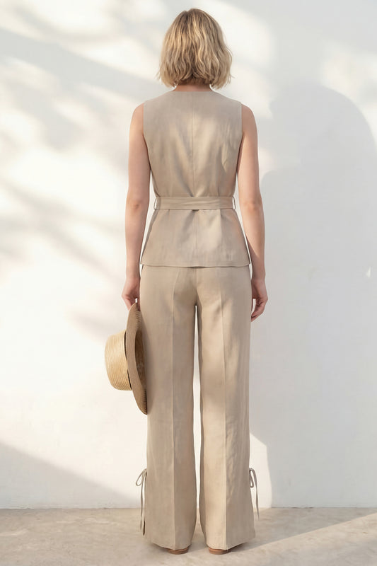 Khaki 2 Piece Shawl Lapel Business Suits with Belt