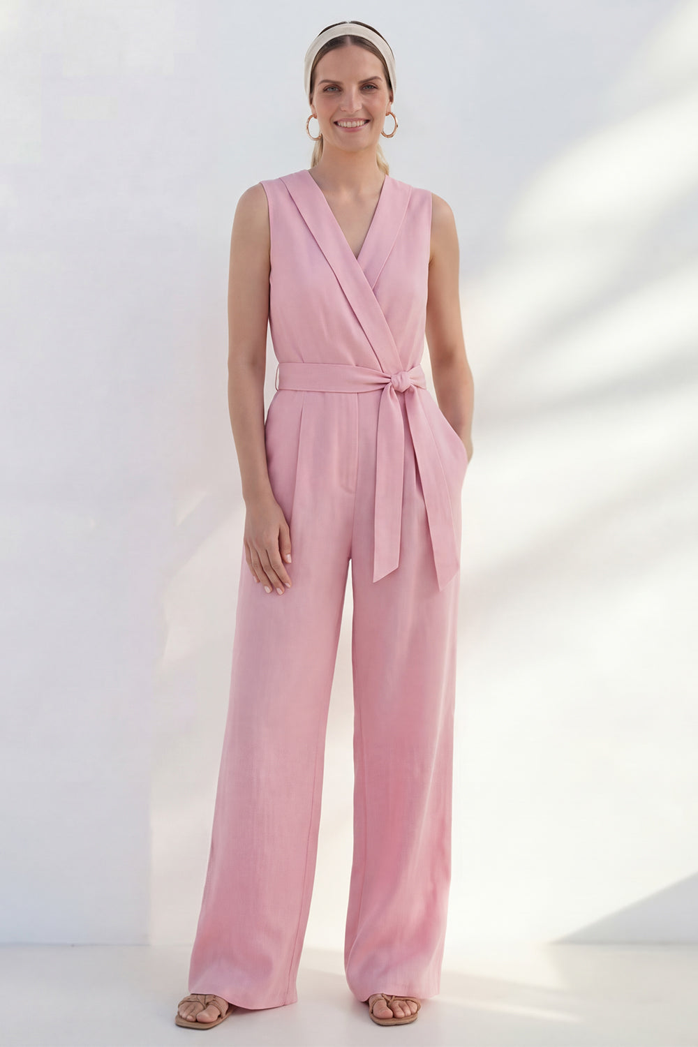 V Neck Pink One Piece Slim Fit Business Jumpsuits with Pockets
