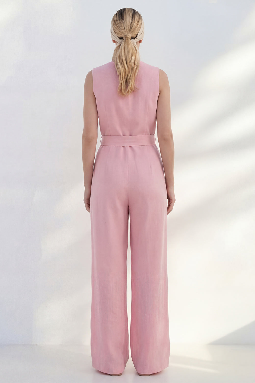 V Neck Pink One Piece Slim Fit Business Jumpsuits with Pockets