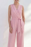 V Neck Pink One Piece Slim Fit Business Jumpsuits with Pockets