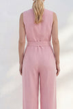 V Neck Pink One Piece Slim Fit Business Jumpsuits with Pockets