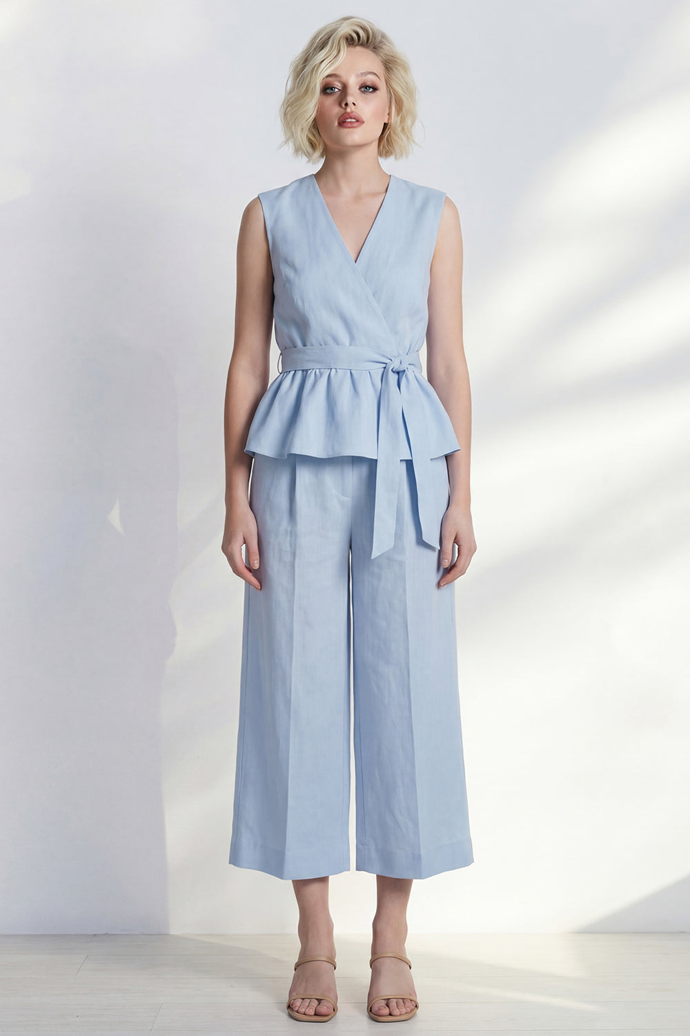 V Neck Light Blue 2 Piece Ruffled Business Suits with Belt